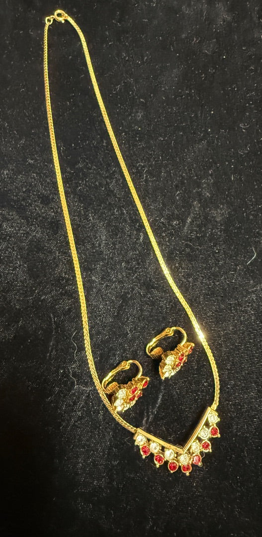 Ruby Red Necklace Clip Earring Set with Gold Tone