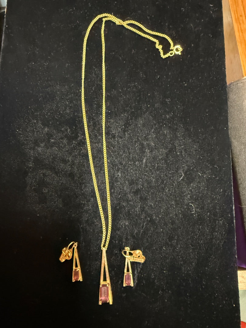 Purple Pendant Necklace Clip Earring Set