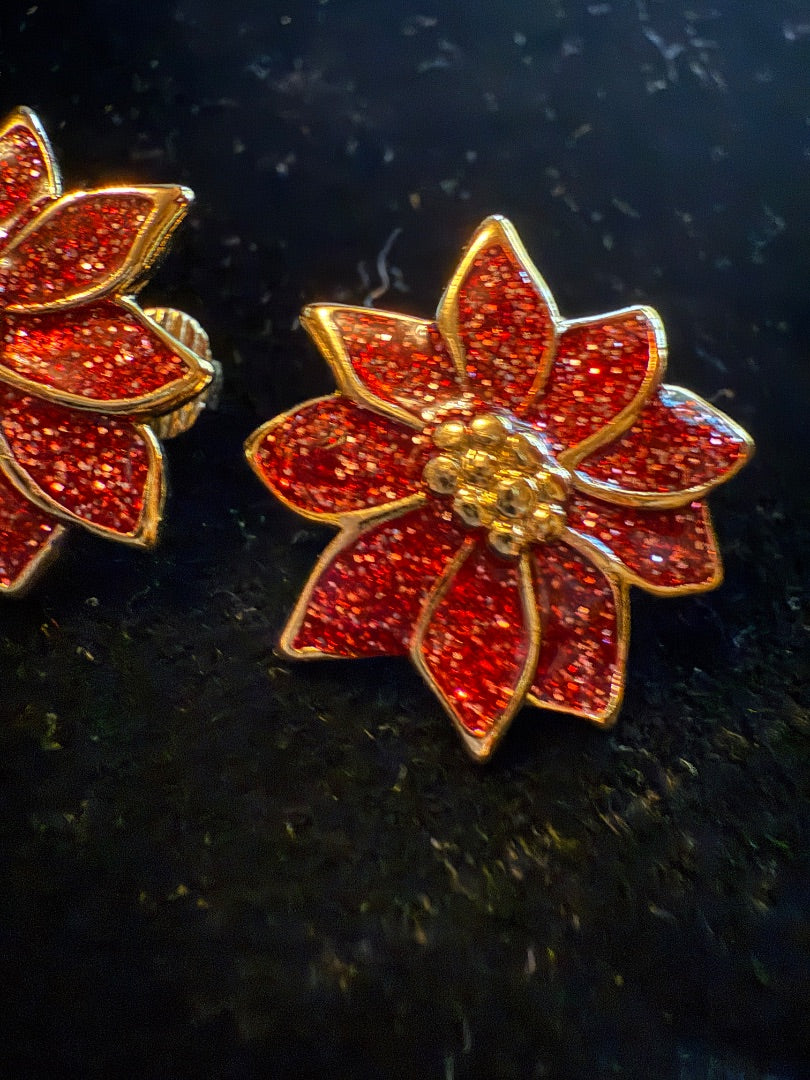 AVON Small Red Poinsettia Clip Earrings