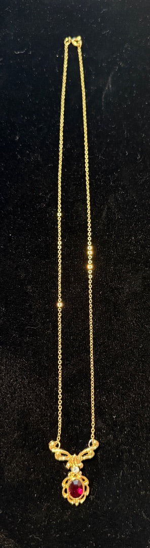 AVON Ruby Red RUBY Gold toned Necklace with CZ diamond