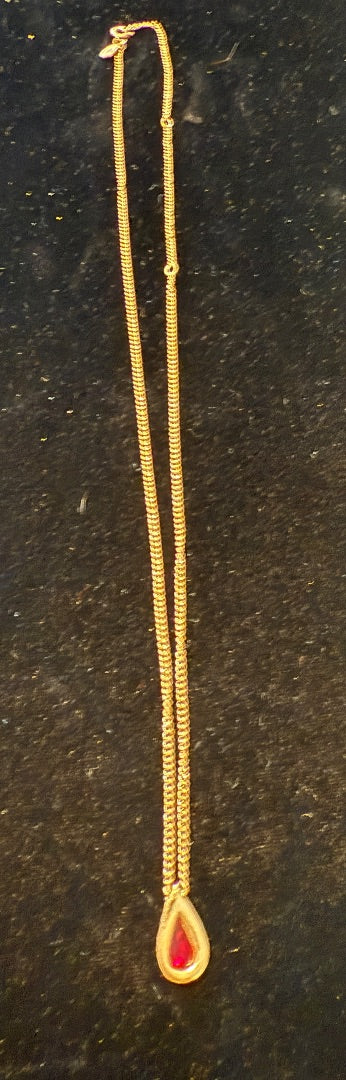 Ruby Red Teardrop Necklace with Gold Tone Chain