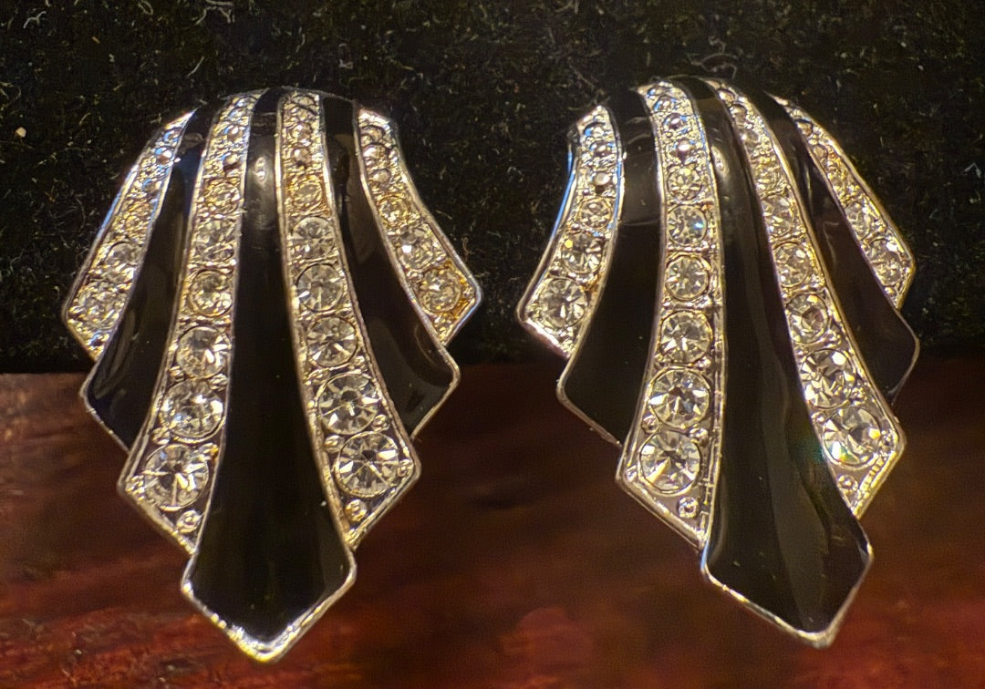 Black CZ Enamel Christmas Clip Earrings