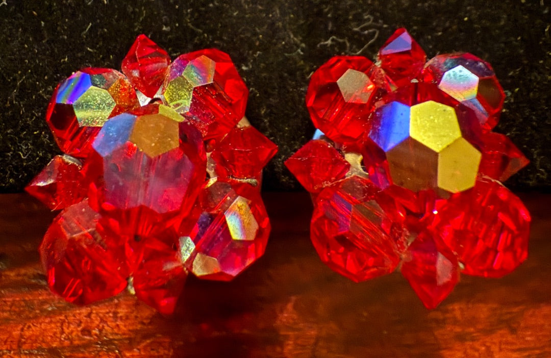 Red Aurora Borealis Christmas Clip Earrings