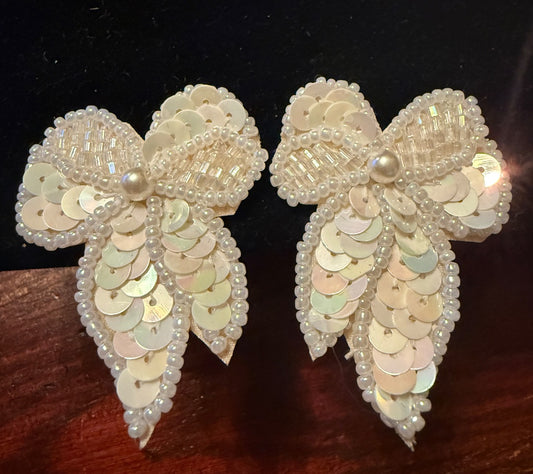 White Sequin Bows Christmas Clip Earrings
