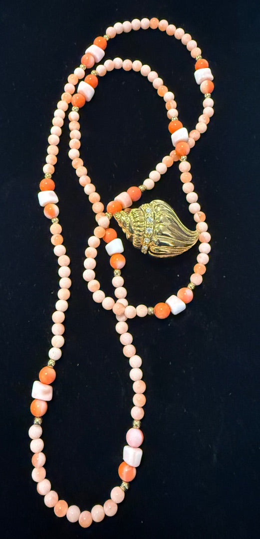 Signed Kenneth Jay Lane KJL Undersea Collection Coral Shell Beaded Necklace