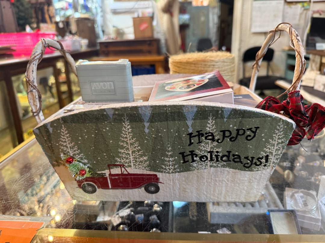 Happy Holidays wood basket
