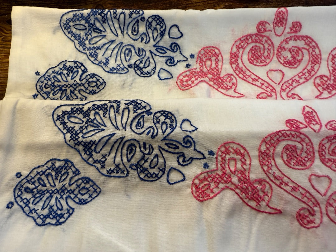 Pr Vtg Embroidered Pillow case Blue Pink