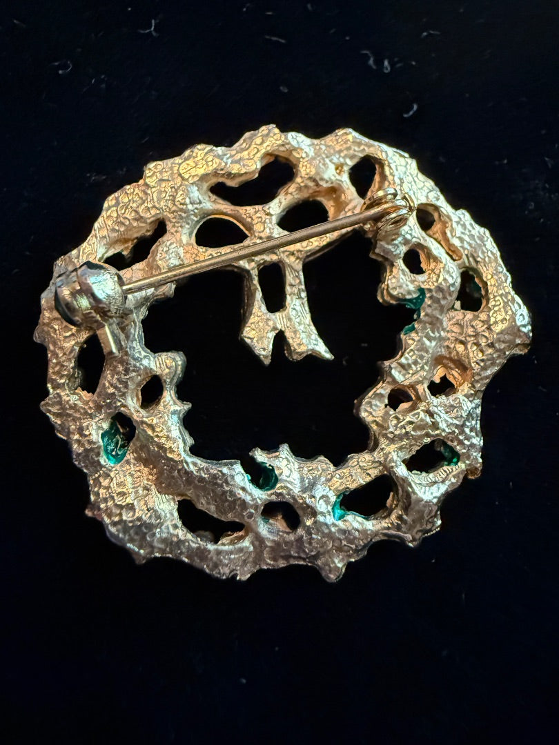 Vintage Green Christmas Wreath Pin Brooch