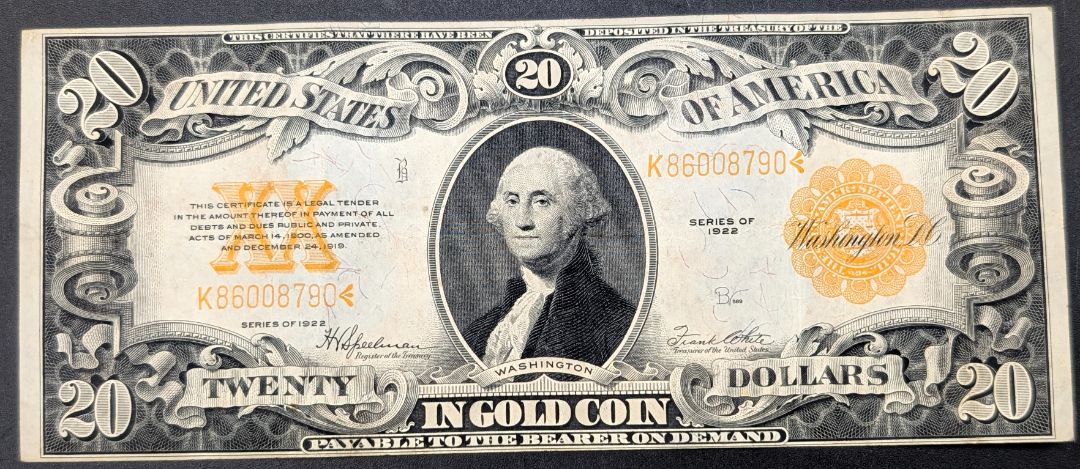1922 $20 Gold certificate VF/XF Choice