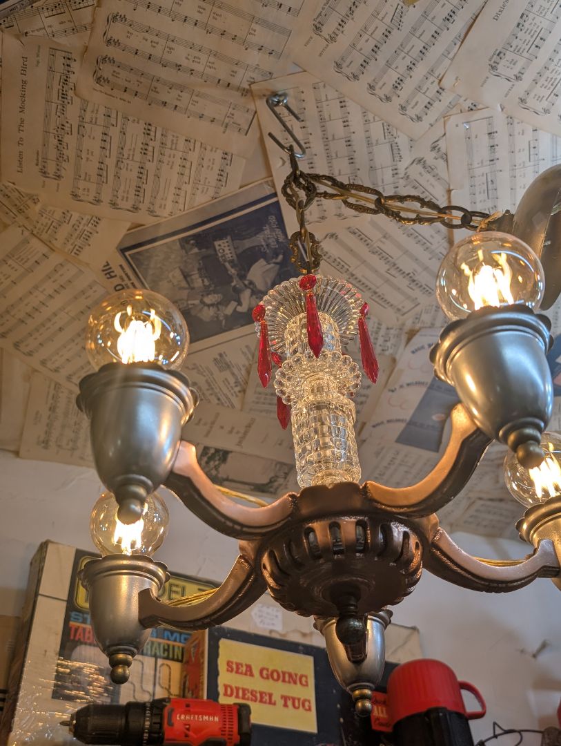 Cast iron, and sandwich Glass chandelier