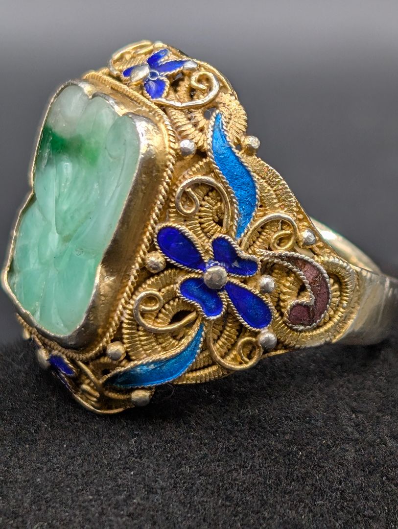 Jade Butterfly Carved Sterling Ring