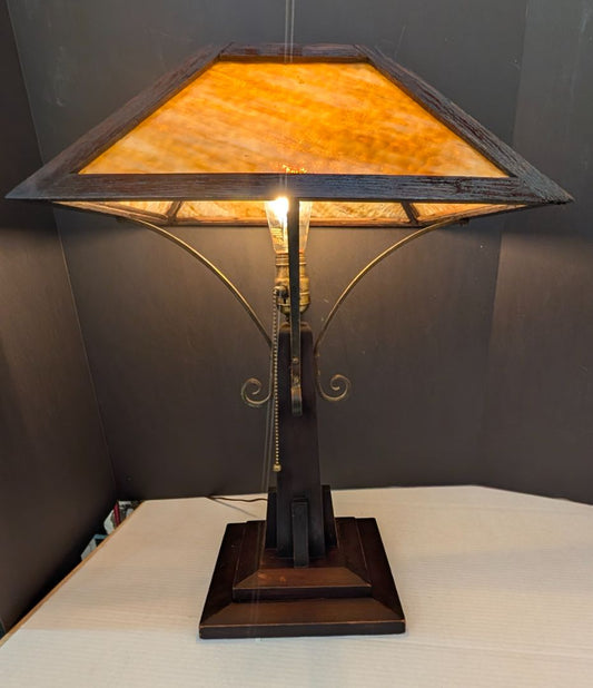 1910 to 1925 arts and crafts wooden lamp with slag glass