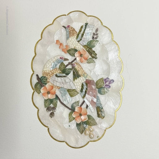 Vintage Capiz Shell Scalloped Seashell Birds Artwork