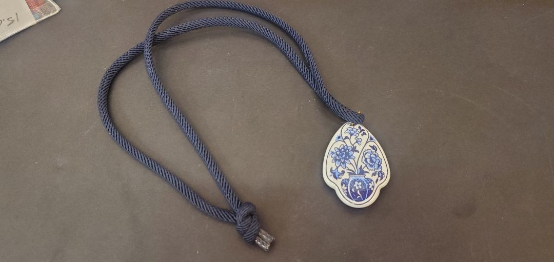 70's Blue Painted Flowers Porcelain Pendant