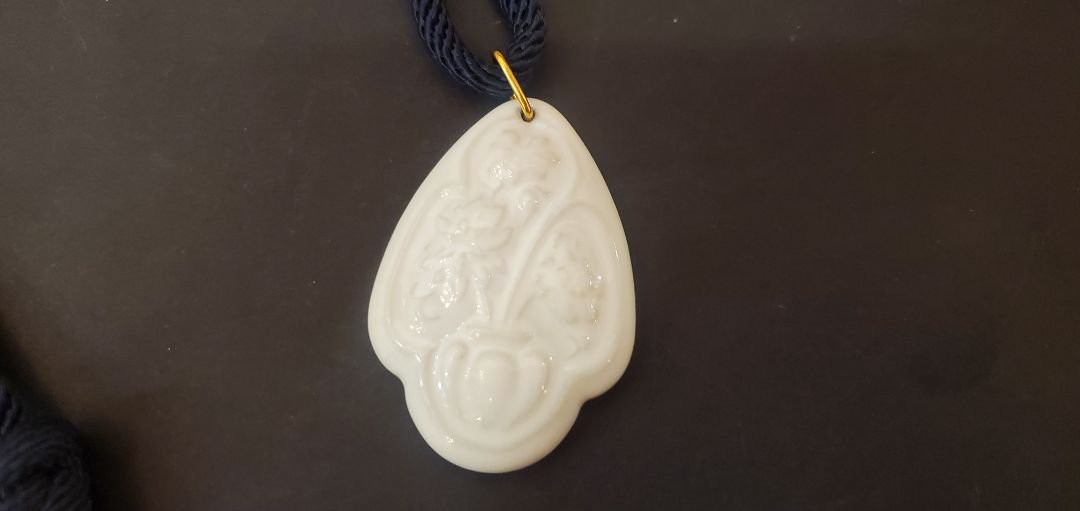 70's Blue Painted Flowers Porcelain Pendant