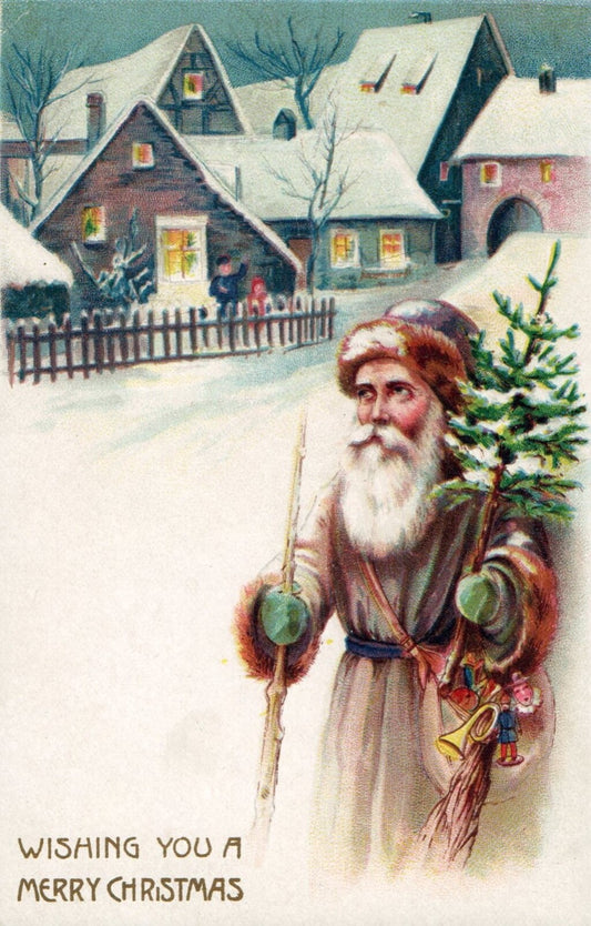 Wishing You a Merry Christmas Santa Watching Over Village Vintage Santa Postcard