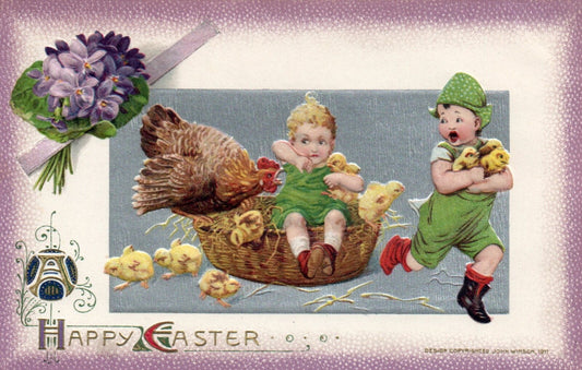 A Happy Easter Children Scared of Momma Hen Funny Vintage Easter Postcard