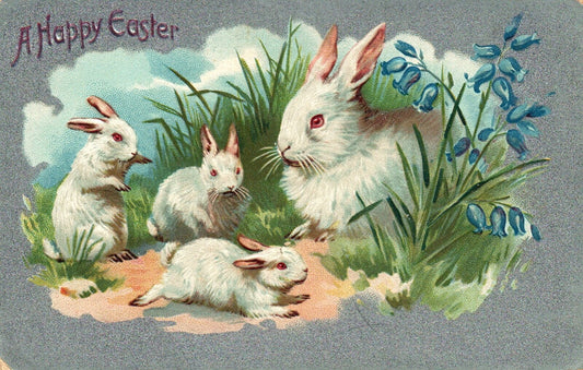 A Happy Easter Little Bunnies in Grass with Mom Vintage Easter Postcard