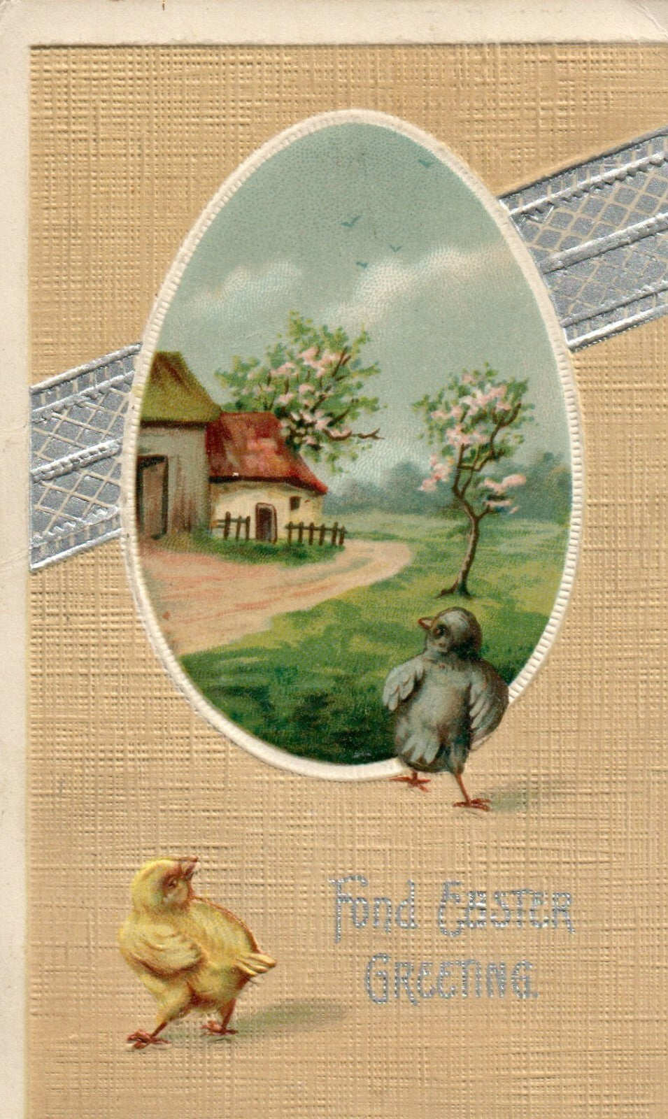 Clapsaddle 982 Silver Metallic Chicks Wondering Easter Greetings Postcard