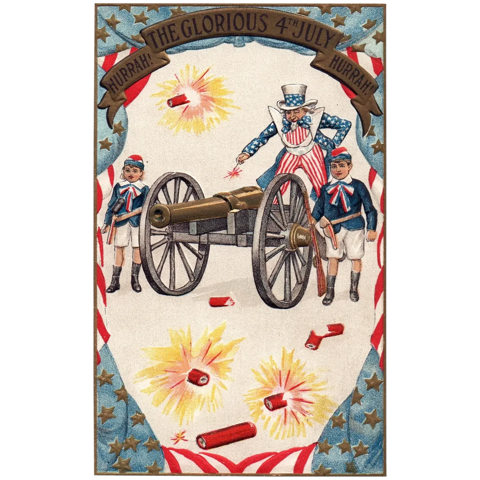 The Glorious Fourth of July Uncle Sam and Kids Lighting off Cannon Postcard