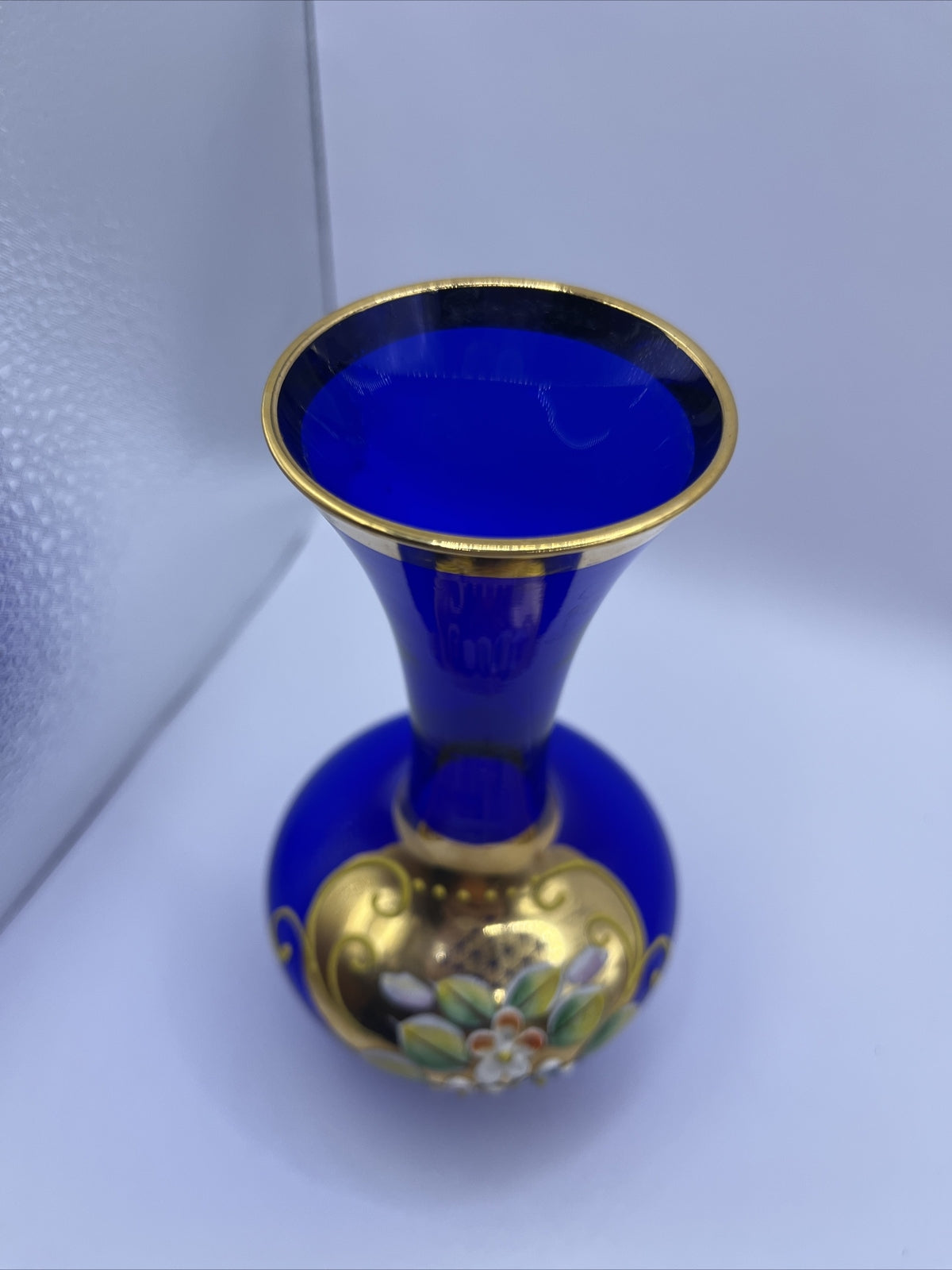 BOHEMIAN CRYSTAL COBALT BLUE VASE GILDED RAISED ENAMEL 6” TALL
