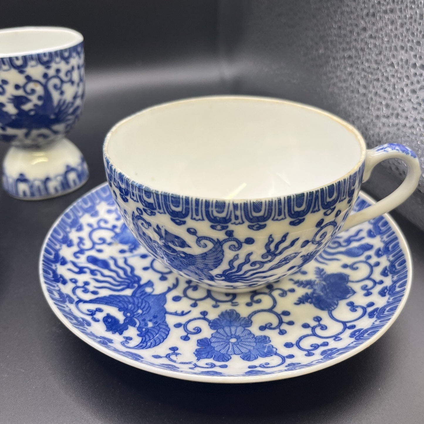 Vintage 2 Blue Chintz Phoenix Bird Cup & Saucer & Egg Cup Made in Japan