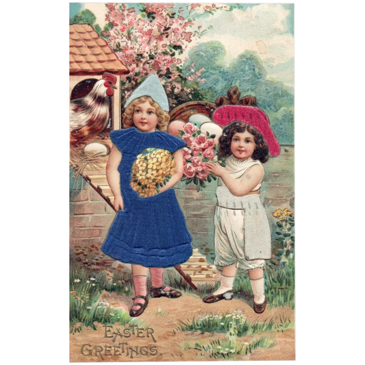 Easter Greetings Little Girls w/ Flowers on Farm in Spring Silk Easter Postcard