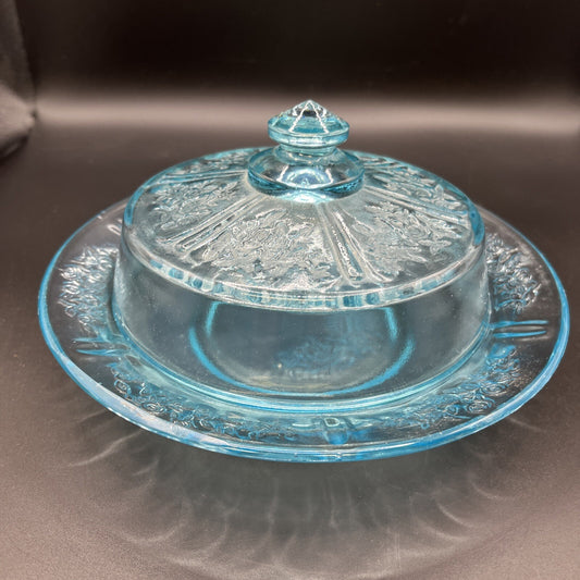Federal Glass CABBAGE ROSE Sharon BLUE or AQUA BUTTER or CHEESE DISH with Cover
