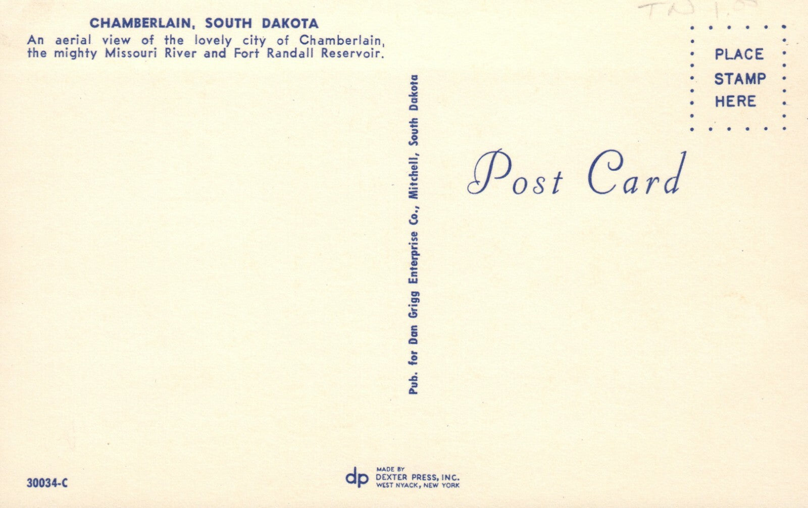 Chamberlain Aerial View Missouri River Fort Randall SD South Dakota Postcard