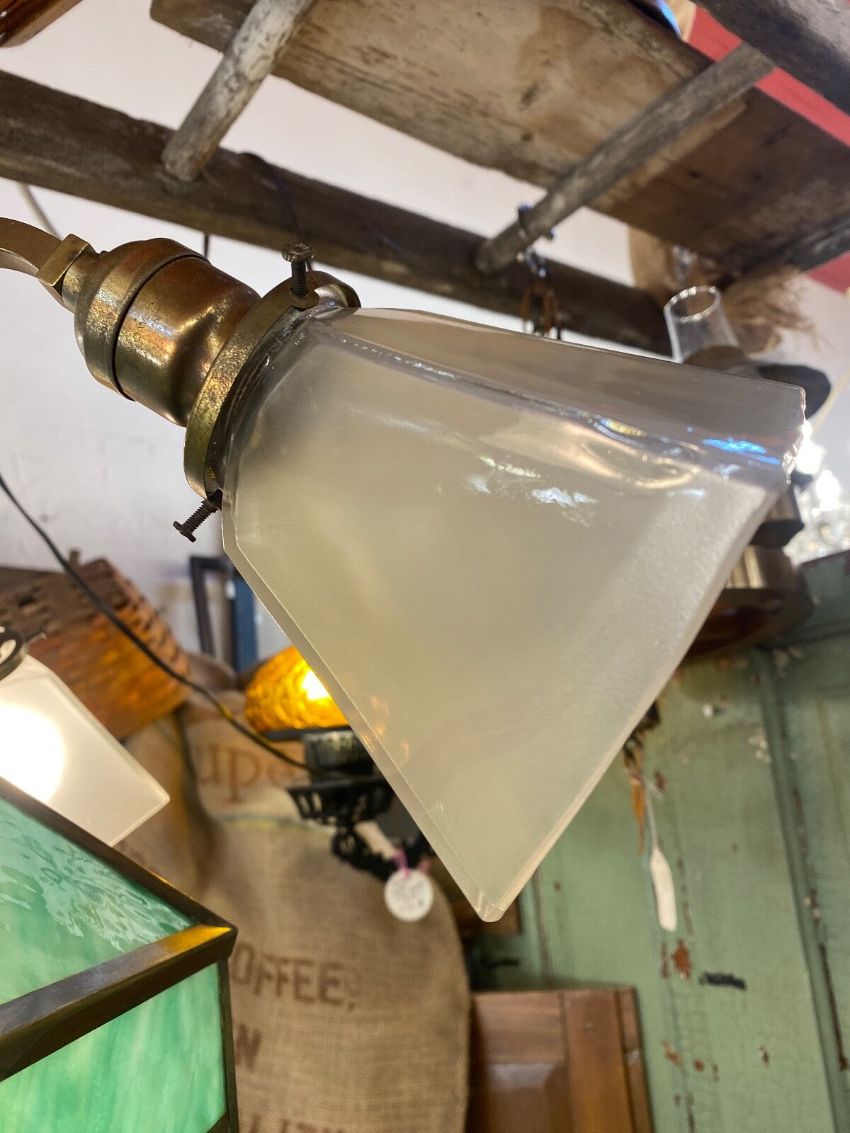 Green Stained Glass 5 Light  Craftsman Chandelier 1910-1915