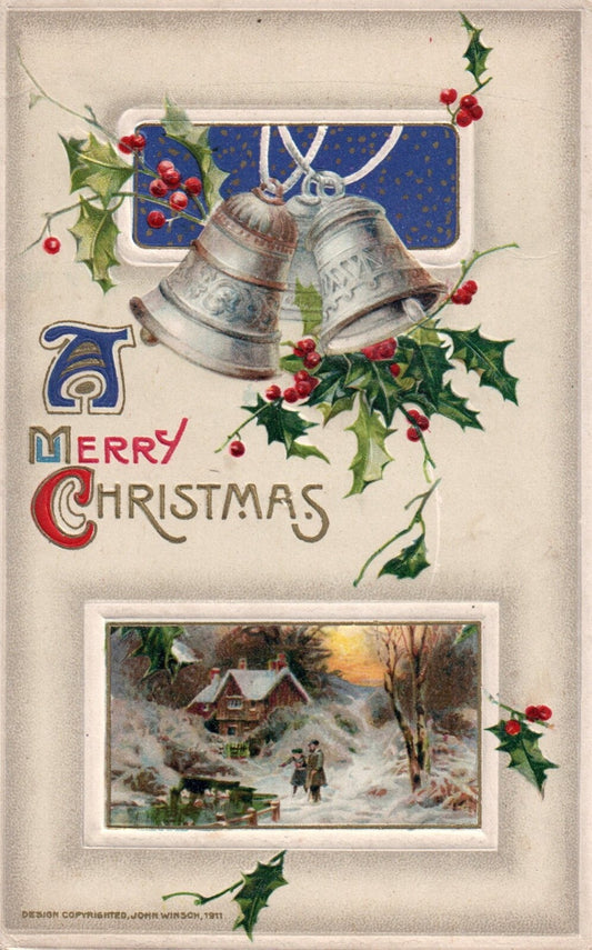 John Winsch A Merry Christmas Bells with Holly Snowy Homestead Vintage Postcard