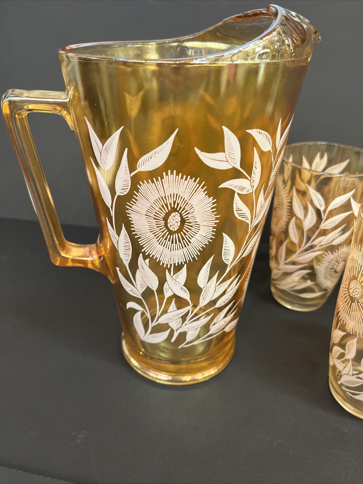 vtg Marigold Carnival Glass Pitcher 9.75" Hand Painted Sun Flowers w/ 2 glasses