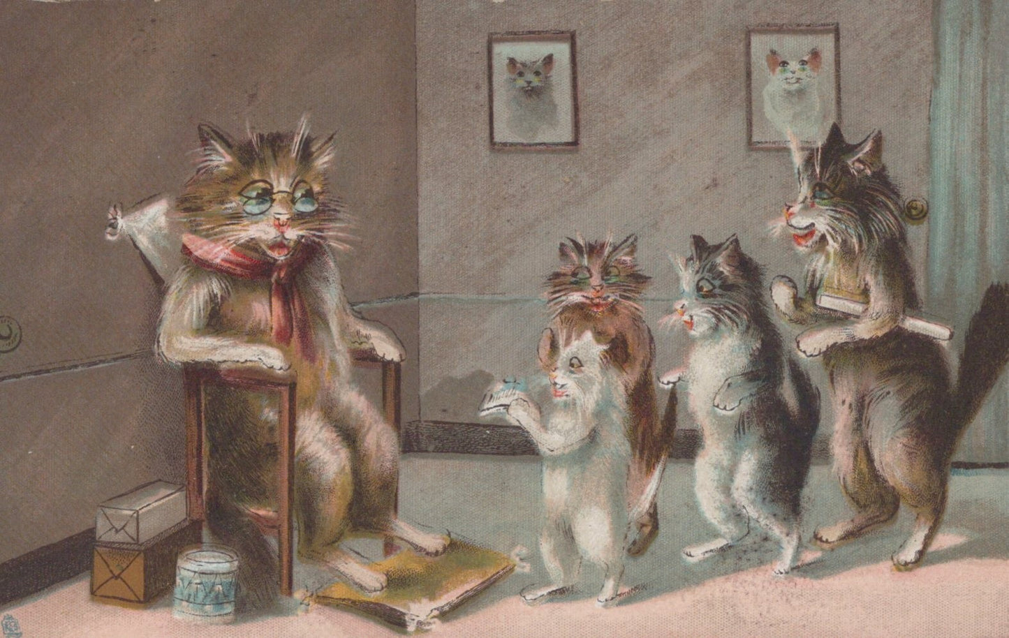 Raphael Tuck Humorous Cats Series 122 Kittens Bring Gifts to Grandpa Postcard