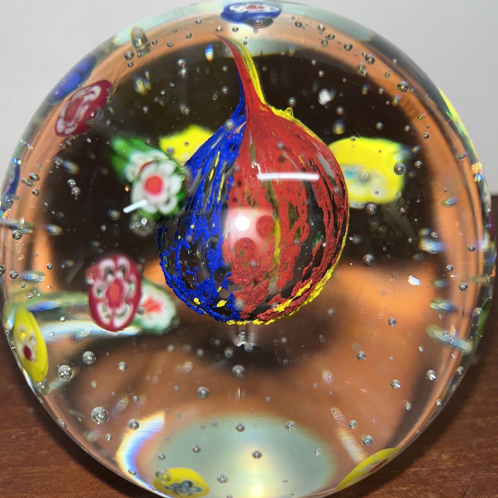 Vintage Art Glass Bubble Round Spear Paperweight Blue Red  Blue Yellow Clear 4”
