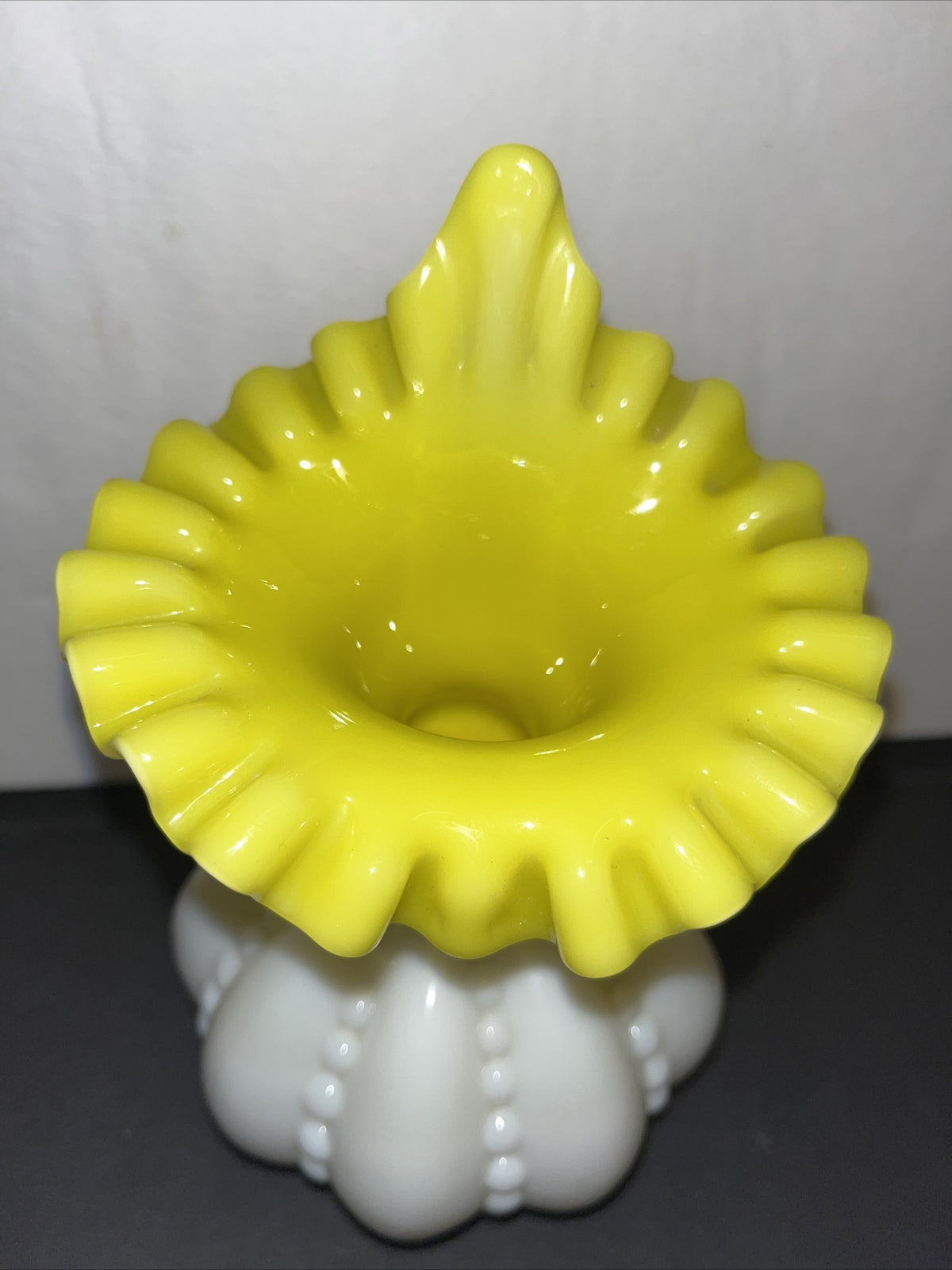 Fenton Vtg Mini Yellow Overlay Beaded Melon Vase 7” Rare