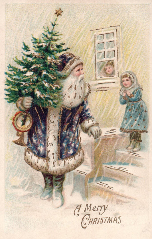 A Merry Christmas Santa Carrying Tree Children Watching Vintage Santa Postcard