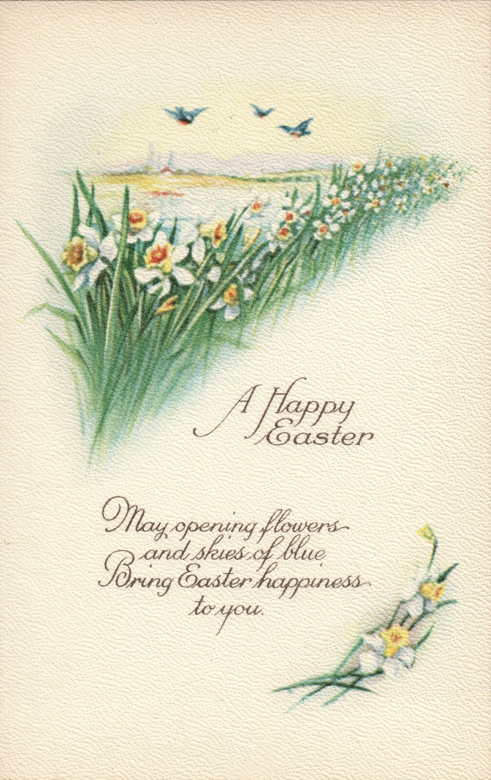 Series 1027 D Gold Boarder Birds Flying Rows of Flower Easter Greetings Postcard