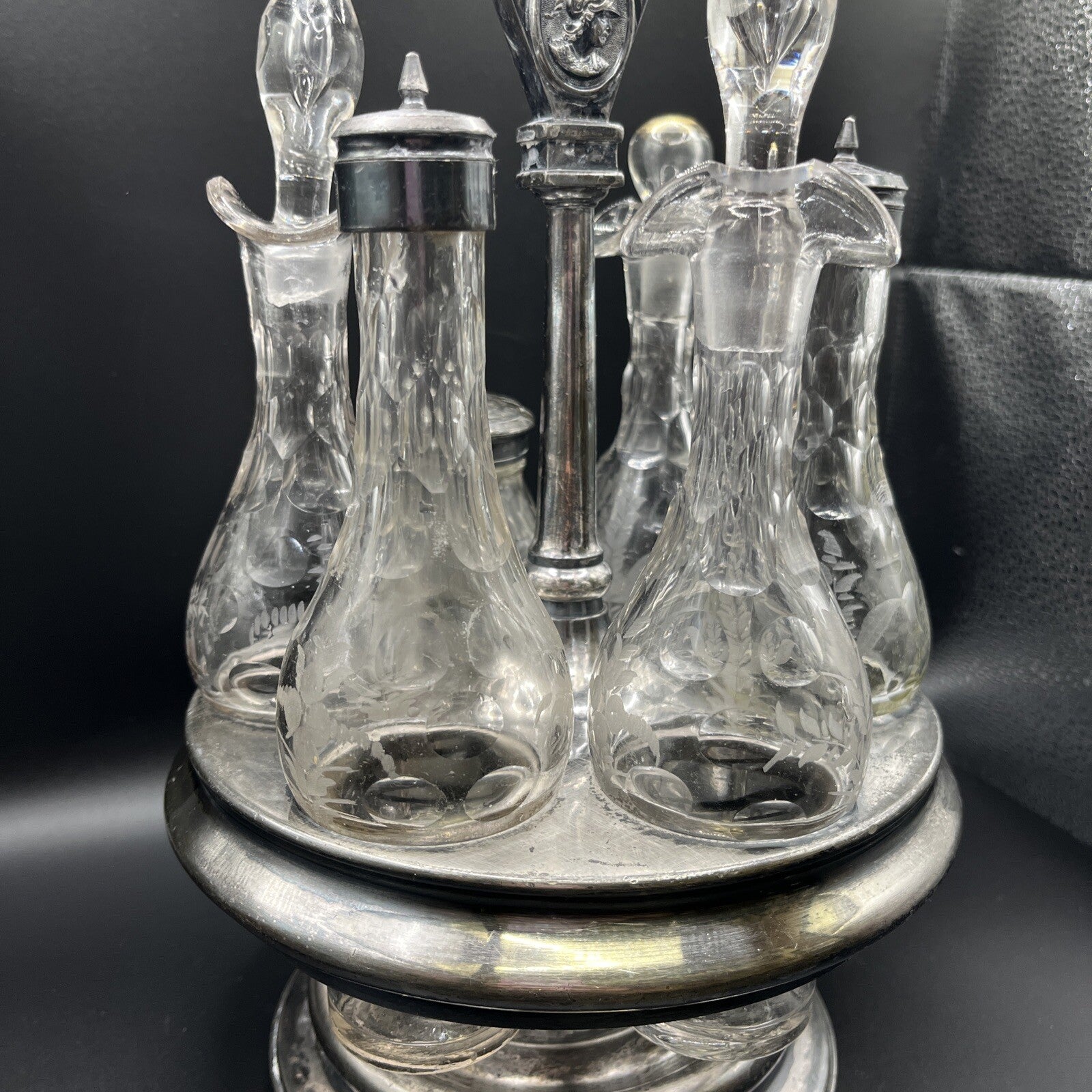 Vintage 6 Pc Condiment castor w/ Etched Glass 14.25"H.