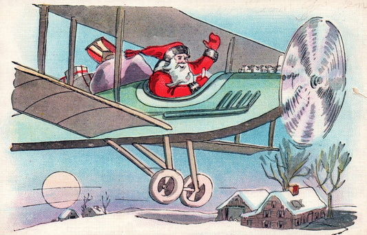 Santa Claus Flying In Airplane Over Village Vtg Santa Postcard