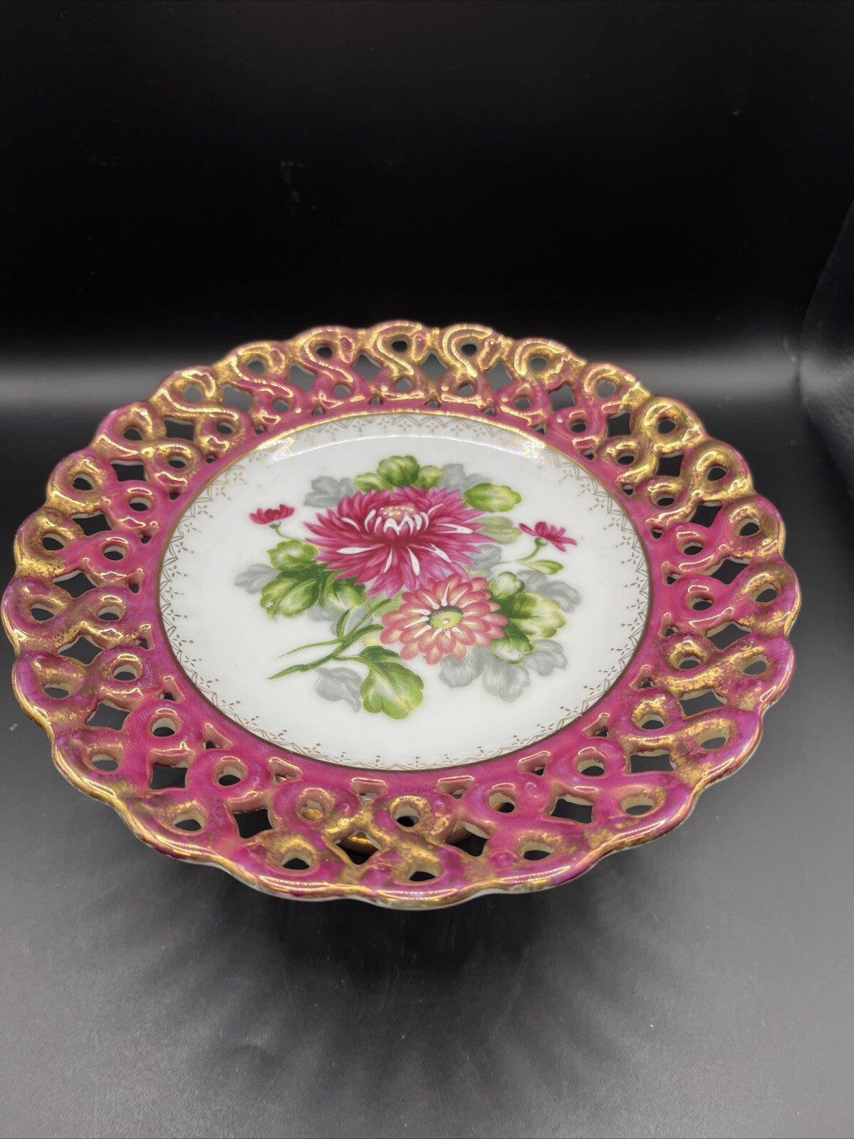 Vintage Pedestal Serving Bowl Floral Design Reticulated 7.5”
