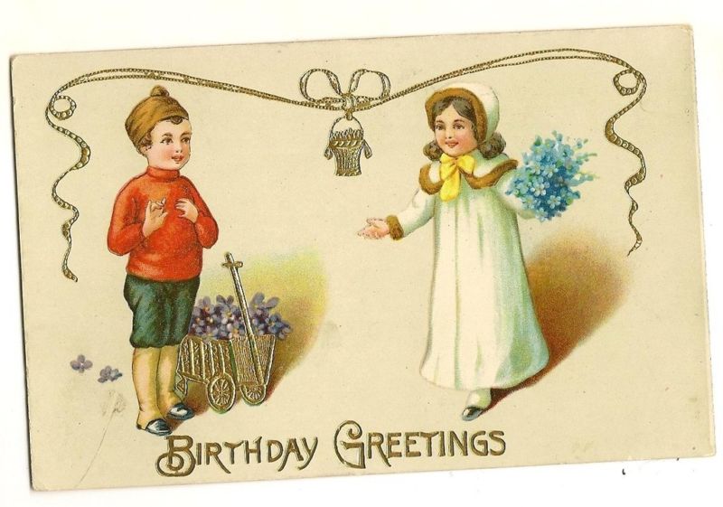 Gold Gilt Gel Children Birthday Greetings Wagon Forget Me Not Flowers Postcard