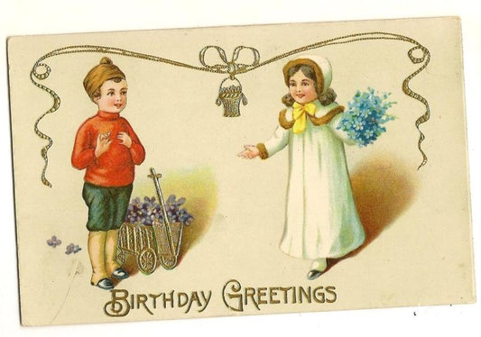 Gold Gilt Gel Children Birthday Greetings Wagon Forget Me Not Flowers Postcard