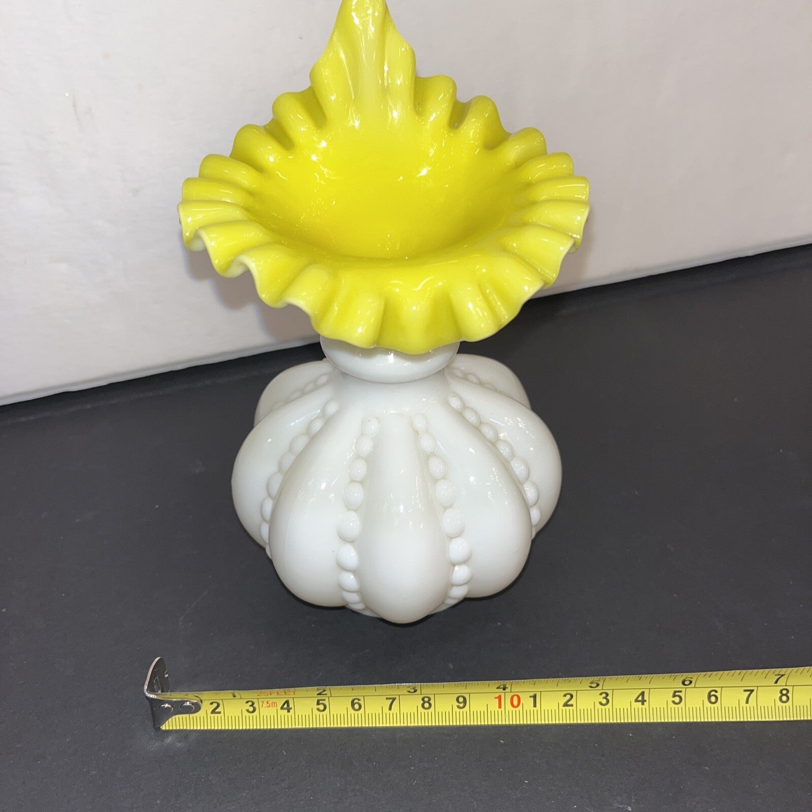 Fenton Vtg Mini Yellow Overlay Beaded Melon Vase 7” Rare