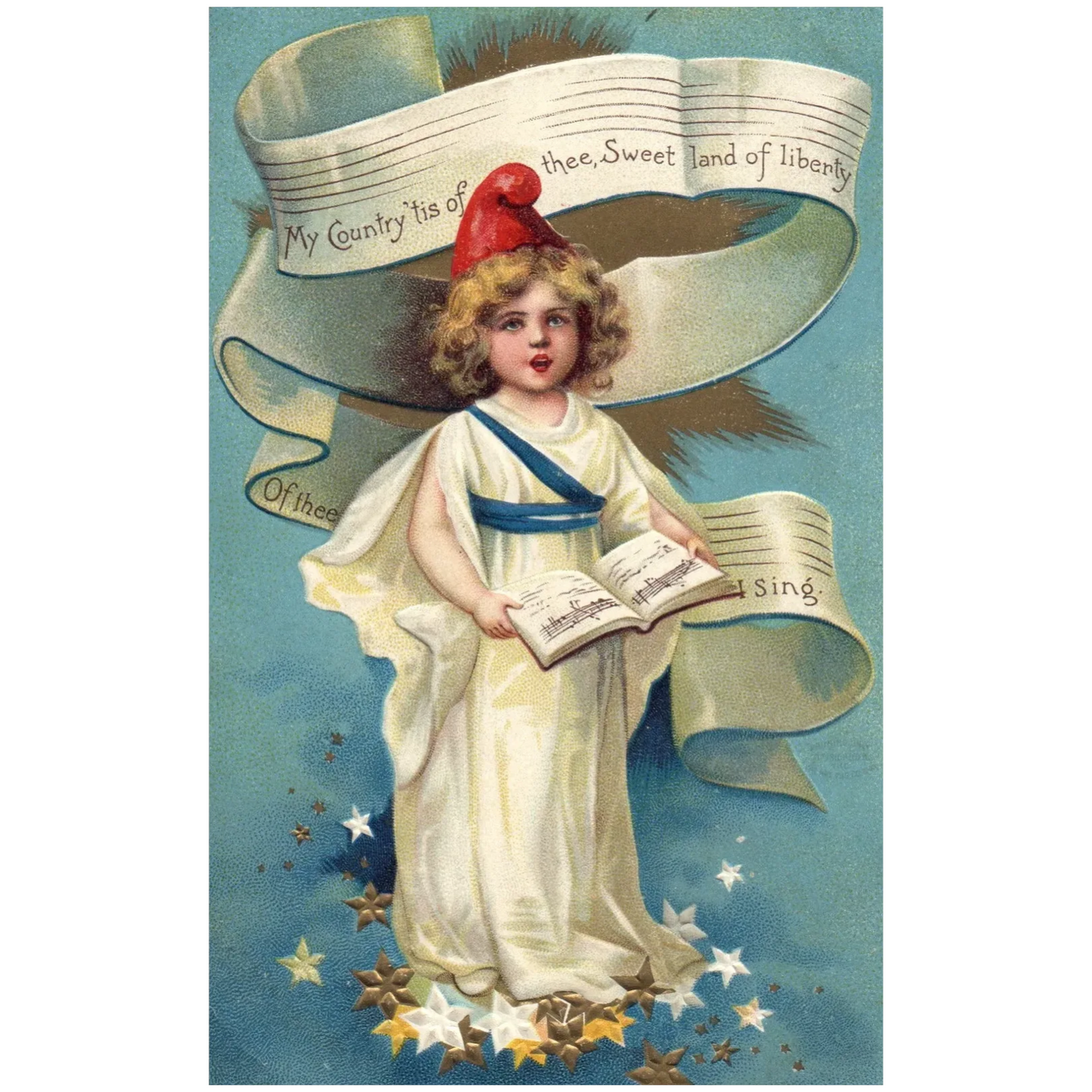 Ellen Clapsaddle Little Girl Singing My Country Tis' of Thee Patriotic Postcard