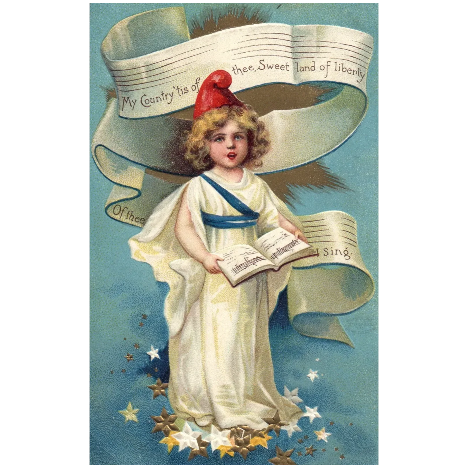Ellen Clapsaddle Little Girl Singing My Country Tis' of Thee Patriotic Postcard