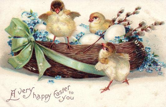A Very Happy Easter To You Little Chicks in Egg Basket Vintage Easter Postcard
