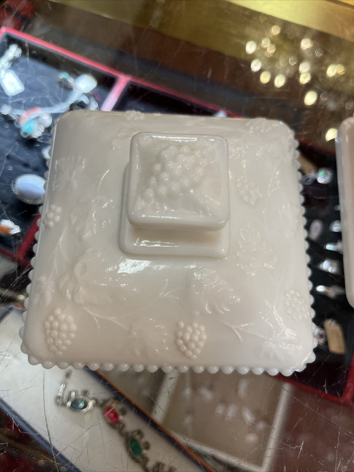 Vintage Westmoreland Milk Glass Pedestal Lidded Candy Dish w/Grape Leaf Design
