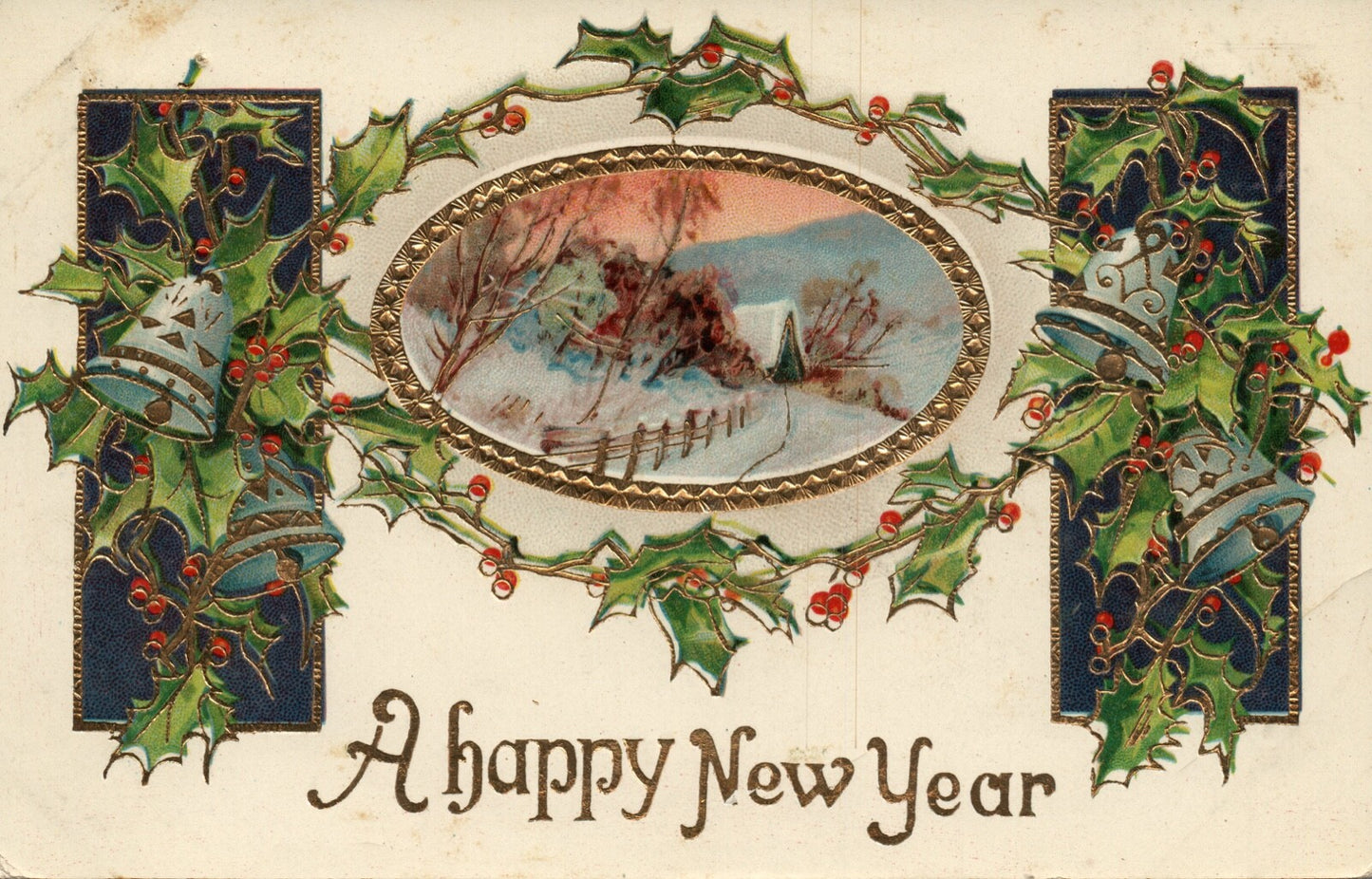 Gold Gilt Gel Embossed Scenic Holly New Year Vintage Postcard