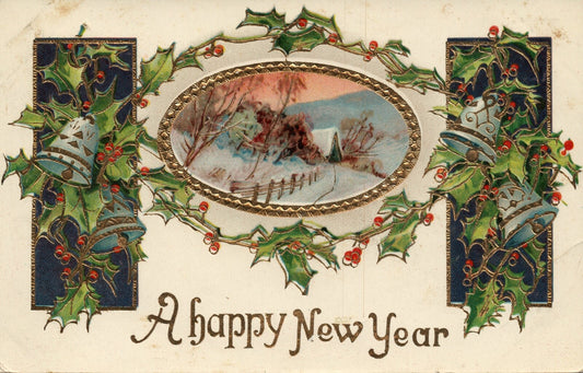 Gold Gilt Gel Embossed Scenic Holly New Year Vintage Postcard