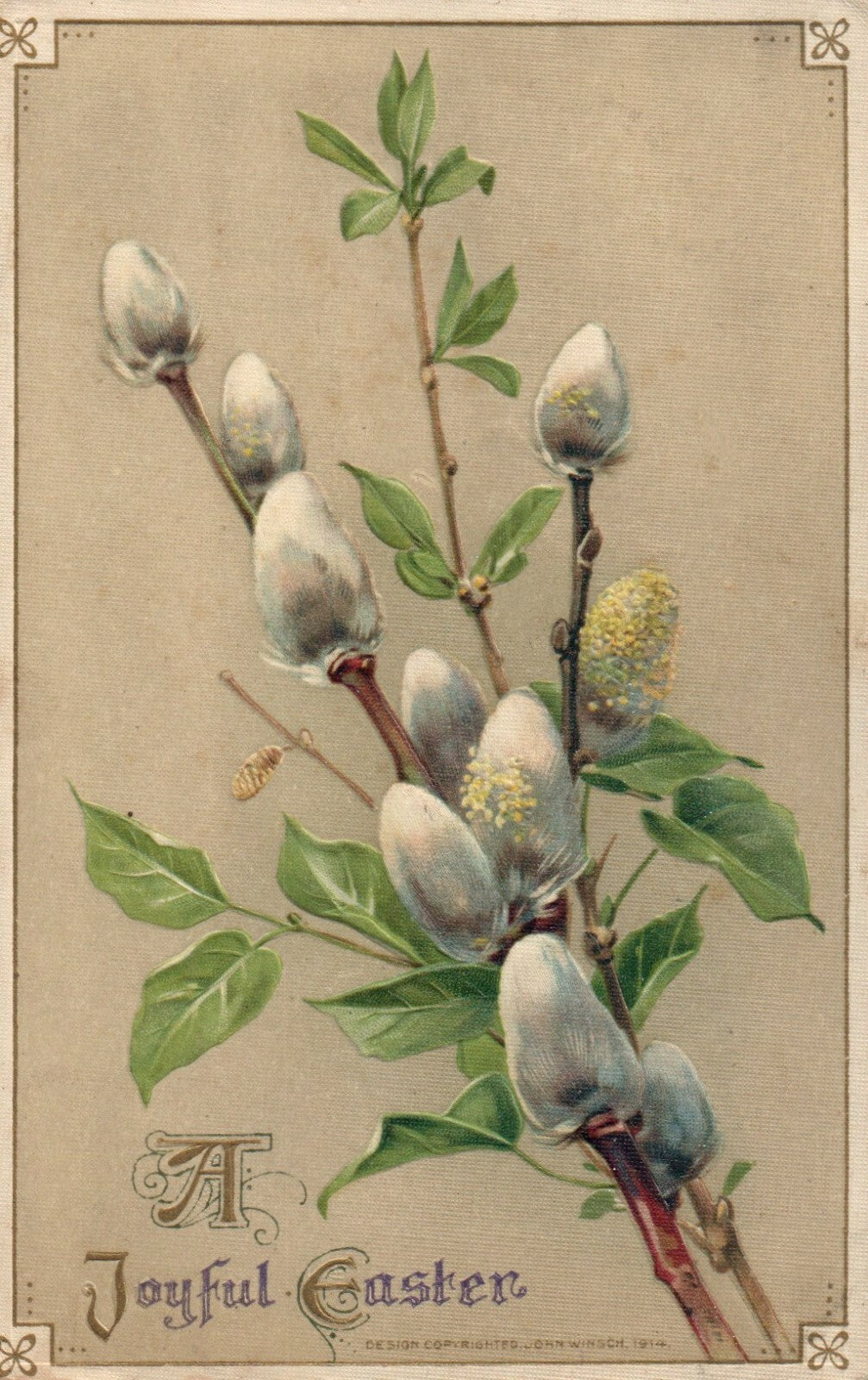 1917 John Winsch A Happy Easter Pussy Willow Wishes 3 of 3 Series 4104
